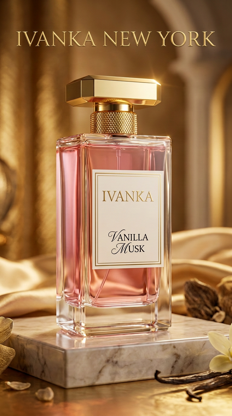 IVANKA Vanilla Musk — a pink glass perfume bottle on a marble plinth surrounded by vanilla pods and golden silk