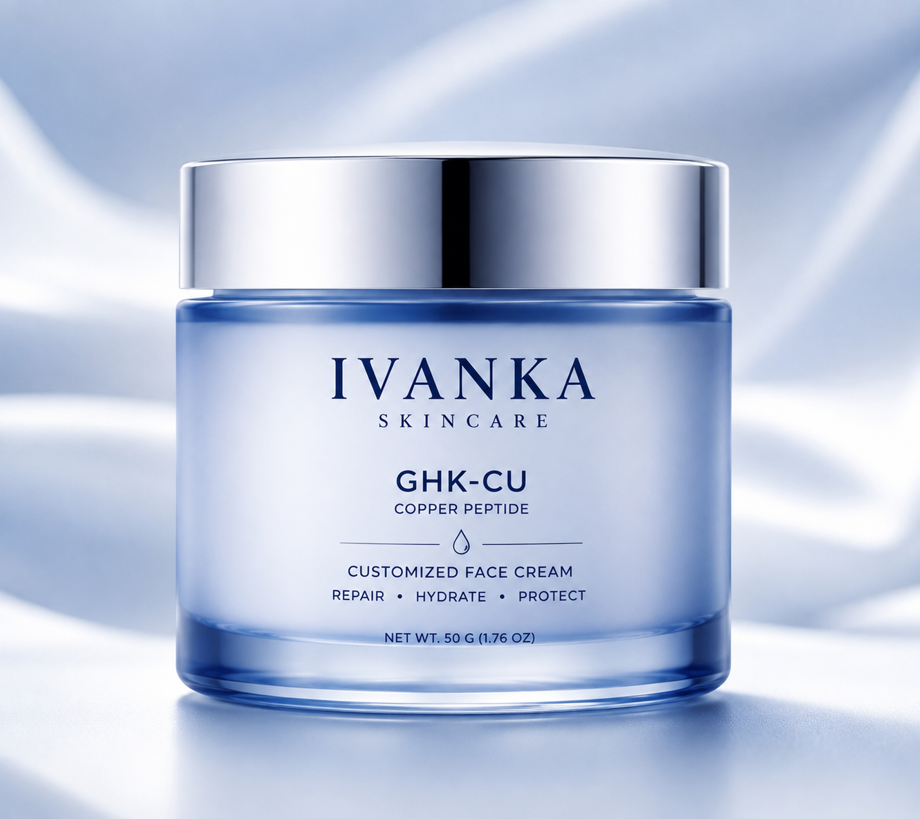 IVANKA GHK-CU Copper Peptide Customized Face Cream in a blue glass jar
