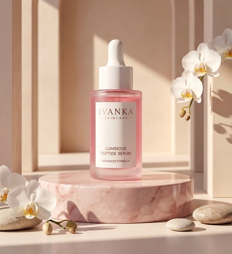 IVANKA PDRN Pink Peptide Serum dropper bottle on marble plinth with orchids